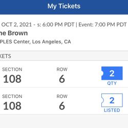 Kane Brown Oct. 2 Section 108, Row 6, Seats 16, 17, 18, & 19
