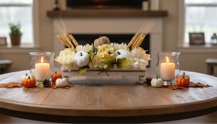 Handcrafted white & cream floral pumpkin centerpiece.