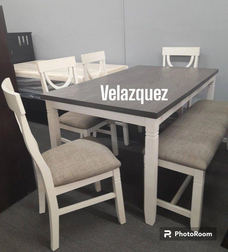 ✅️ ✅️ 6 pcs White and grey finish dining table set padded seat chairs and bench 