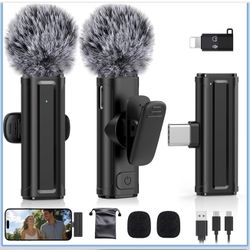 Wireless Mini Microphone for iPhone, iPad, Android Phone, 2 Pack Lavalier Mic with 360° Rotatable Clip, Plug and Play Noise Reduction USB-C Lapel Mic 
