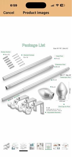 Curtain Rods for Windows 16 to 76 inches, Curtain Rod Max Adjustable Length to 88 in, Drapery Rod 1 inch Diameter with Modern Knobs Finials (Satin Sil