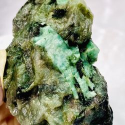 Emerald Beryl in Quartz Mica Matrix & Black Tourmaline Natural Rough Crystal 6oz