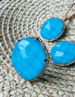 Vintage Set of Diamond 14K Rose Gold Large Blue Topaz Dangle Earrings 14.63ct, 8.8gr and Ring 6.9gr