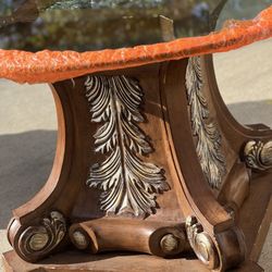Vintage carved wood pedestal dining table base with big round glass