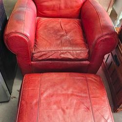 Red Leather chair and ottoman