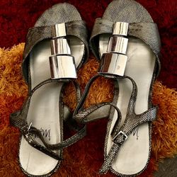 Elegant IMPO Pewter & Silvery Strap-Style Sandals, Size 9, With a 3” Heel