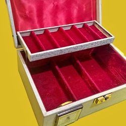 Vintage Sheffield Jewelry Box with Clock Cream Red Velvet 1950s - MCM Art Deco
