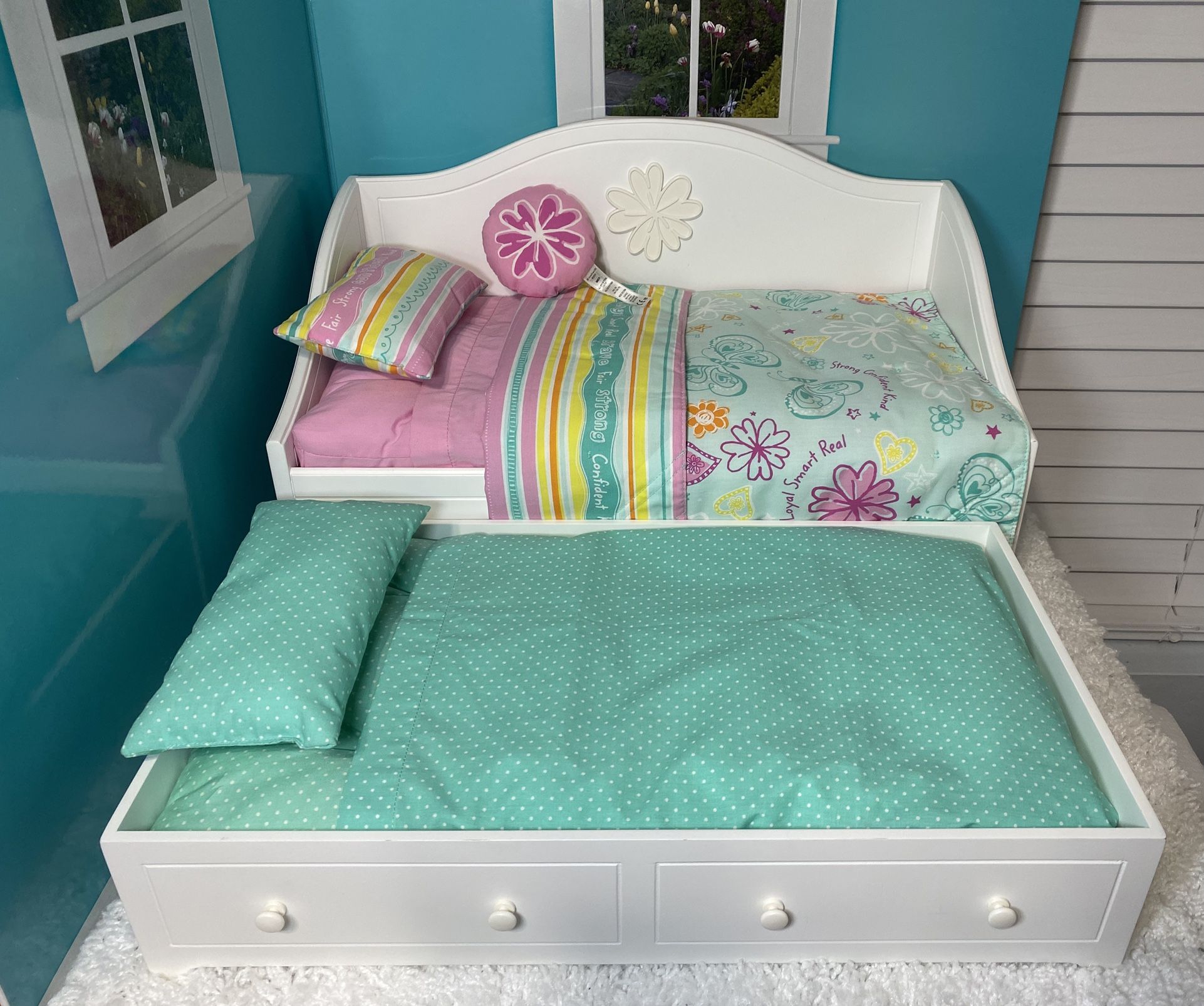 American Girl White Wooden Trundle Bed with Original Bedding 