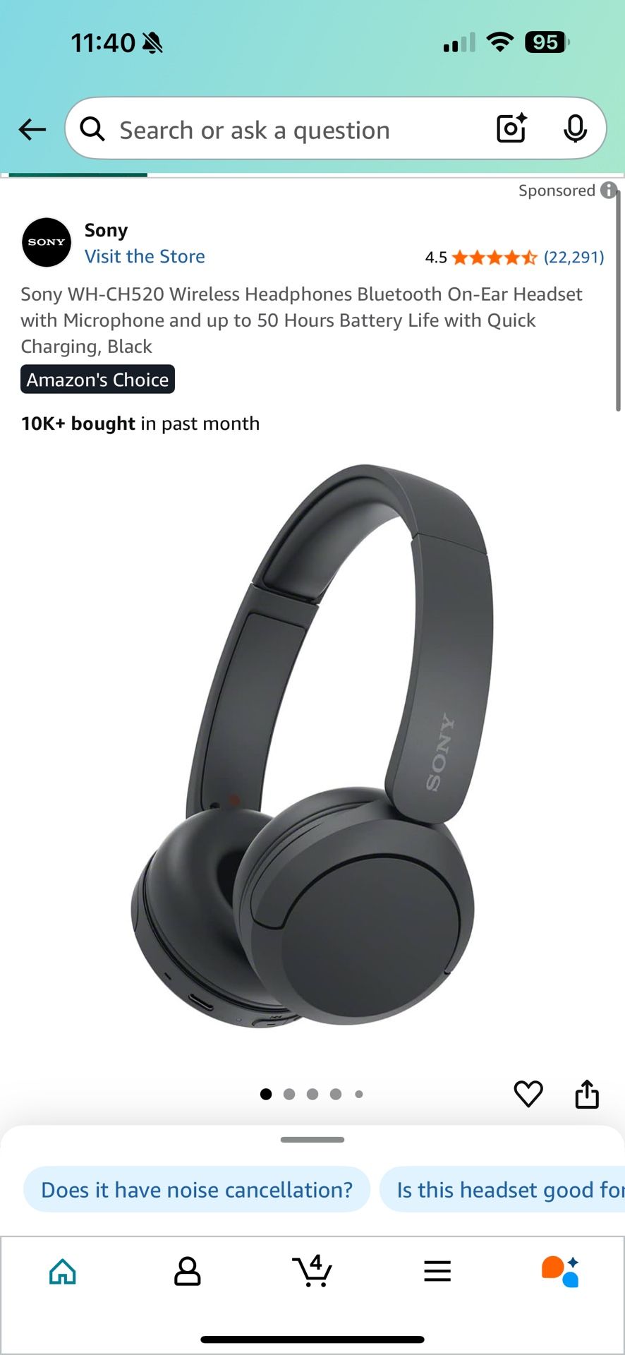 Sony WH-CH520 Wireless Headphones Bluetooth On-Ear Headset with Microphone and up to 50 Hours Battery Life with Quick Charging, Black