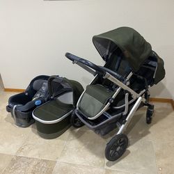 Uppababy Vista V2 Double Stroller With Car Seat And Bassinet Green
