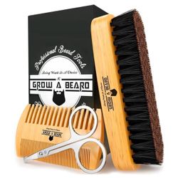 Beard Brush For Men & Beard Comb Set w/Mustache Scissors Grooming Kit