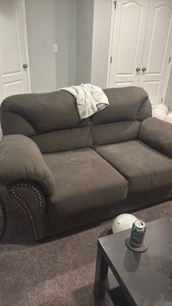 Dark Gray Microfiber Loveseat with Nailhead Trim