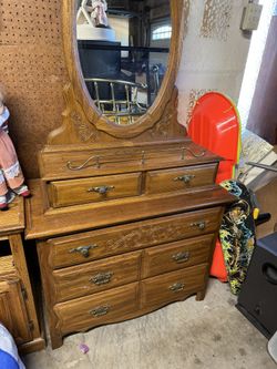 Dresser with vanity mirror top two piece set solid wood oak