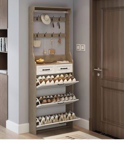 Hall Tree with Shoe Storage Cabinet and Coat Rack Slim Entryway Hall Tree with 3 Flip Drawers and 2 Storage Drawers for Narrow Halls and Mudroom White