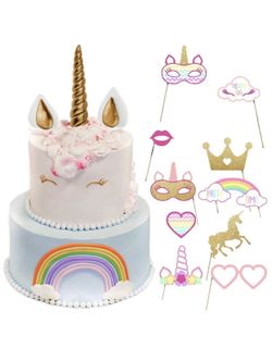 Party Cake Toppers Horn With Ears, Birthday Unicorn For Girls + 10 Photo Props