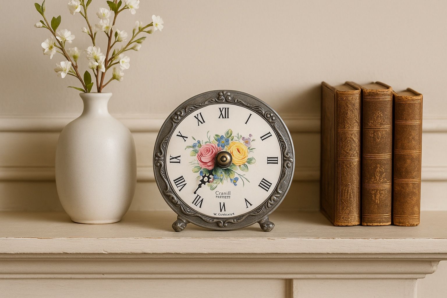 Chanill Pewter Limoges Porcelain Hechinger Quartz Boudoir Mantel Clock, 4”