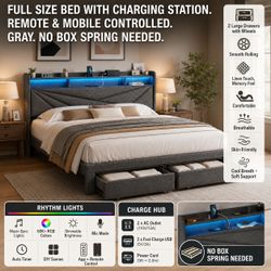 Full Size Bed with LED Lights, USB Charging Station & 2 Storage Drawers, No Box Spring Needed, Dark Grey