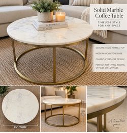 Solid Marble Round Coffee / Accent Table with Gold-Tone Base – 25”