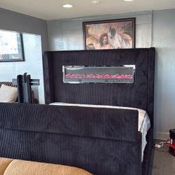 King Size Bed With rising tv stand and bluetooth fireplace