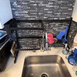 Over Sink Dish Rack With Silverware Strainer & Cutting Board Holder On The Sides 