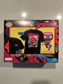 Blacklight Spiderman Funko Pop & Tee Boxset *MINT* Target Exclusive Marvel Avengers Endgame 652 with protector Large Shirt Peter Parker Far From Home 