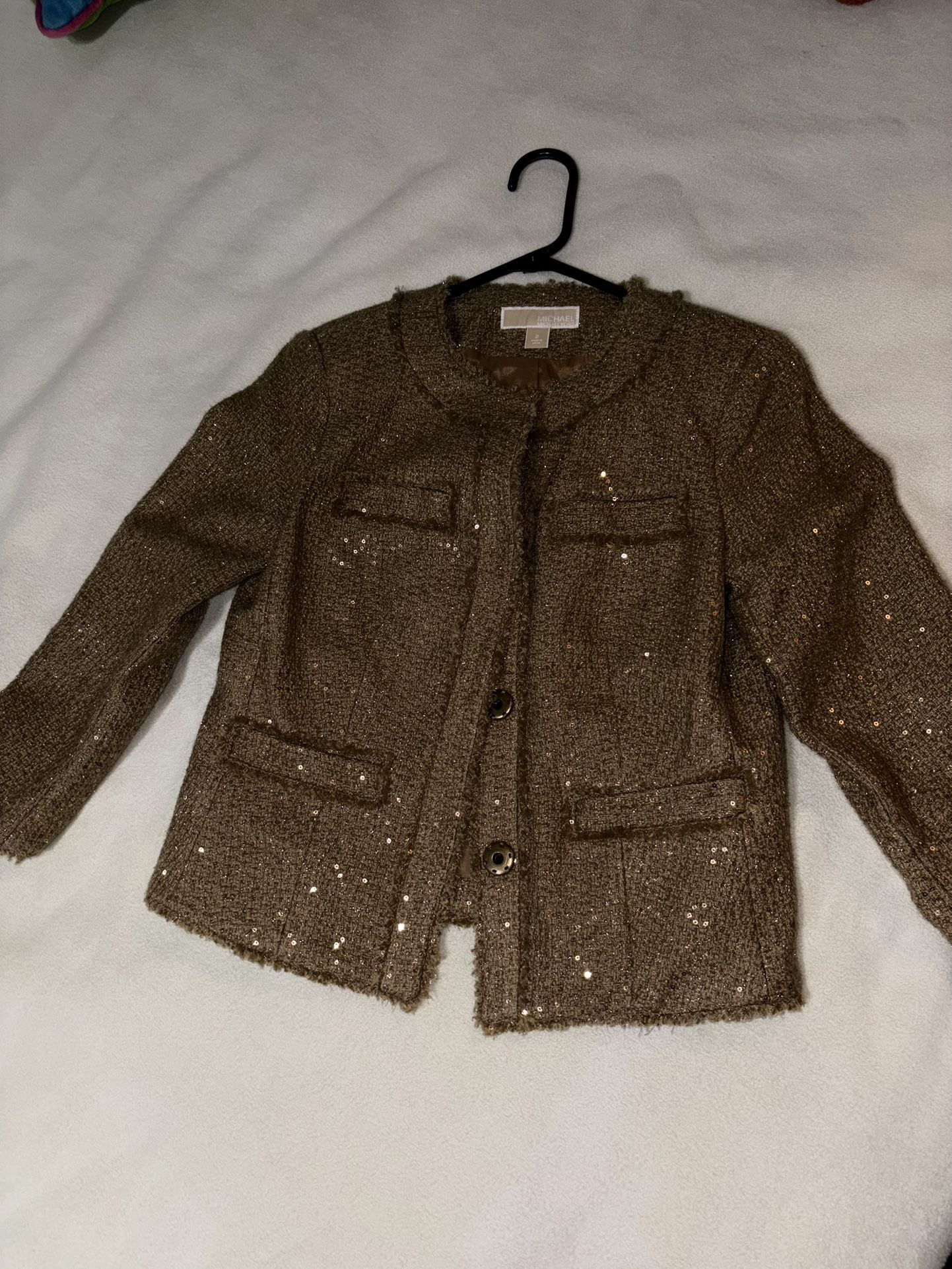 Michael Kors Tan Tweed Boucle Tiny Gold Sequin Fringe Bolero Jacket Sz 2