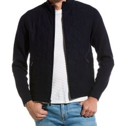 Amicale Cashmere Woven Diamond Quilt Wool & Cashmere-Blend Jacket Size M & L Navy RETAIL595