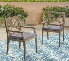 New Assembled Set of 2 Outdoor Acacia Wood Dining Chair Set of 2 Grey/Grey Cushion