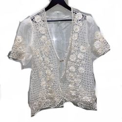 Vintage White Women's Beach Top Size Large Pearls Short Sleeve Cardigan See Trough Top Blouse Gothic Victorian Gothic Summertime Cream Vanilla Color