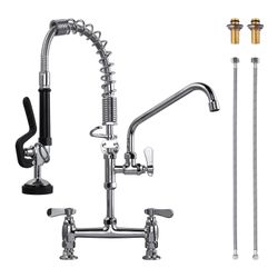 Brass Deck Mount Commercial Triple Handle Pull Down Sprayer Kitchen Faucet with Pre-Rinse Sprayer in Polished Chrome