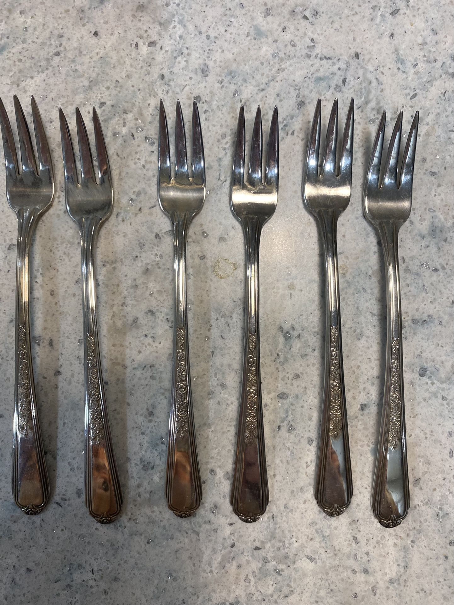 (6) Plymouth Silver Plate Jewel Pattern Cocktail Forks