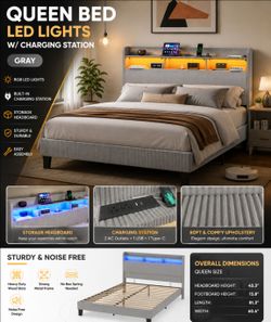 Queen size bed With adjustable LED lights and remote.or movil controlled  .  charging station. NO BOXSPRING NEEDED GRAY