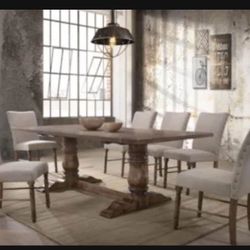 Leventis Weathered Oak Dining Table by ACME furniture.  - Rectangle table top - Trestle table - Double pedestal - Fixed/solid top - Straight profile -