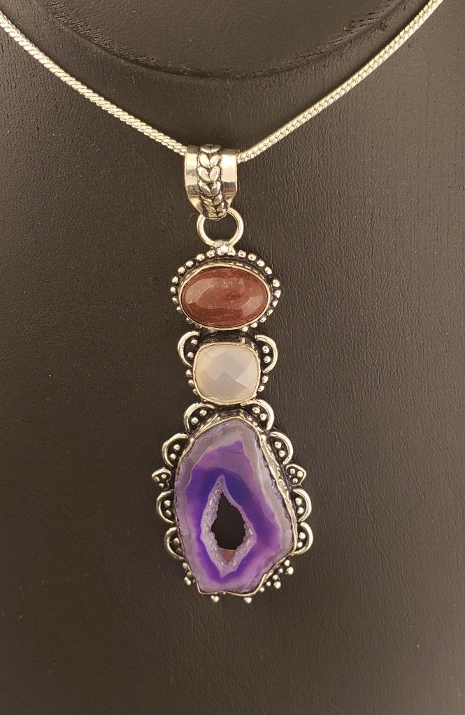 Solar Quartz Druzy 925 Sterling Silver Plated Handmade Pendant with Chain Jewelry.