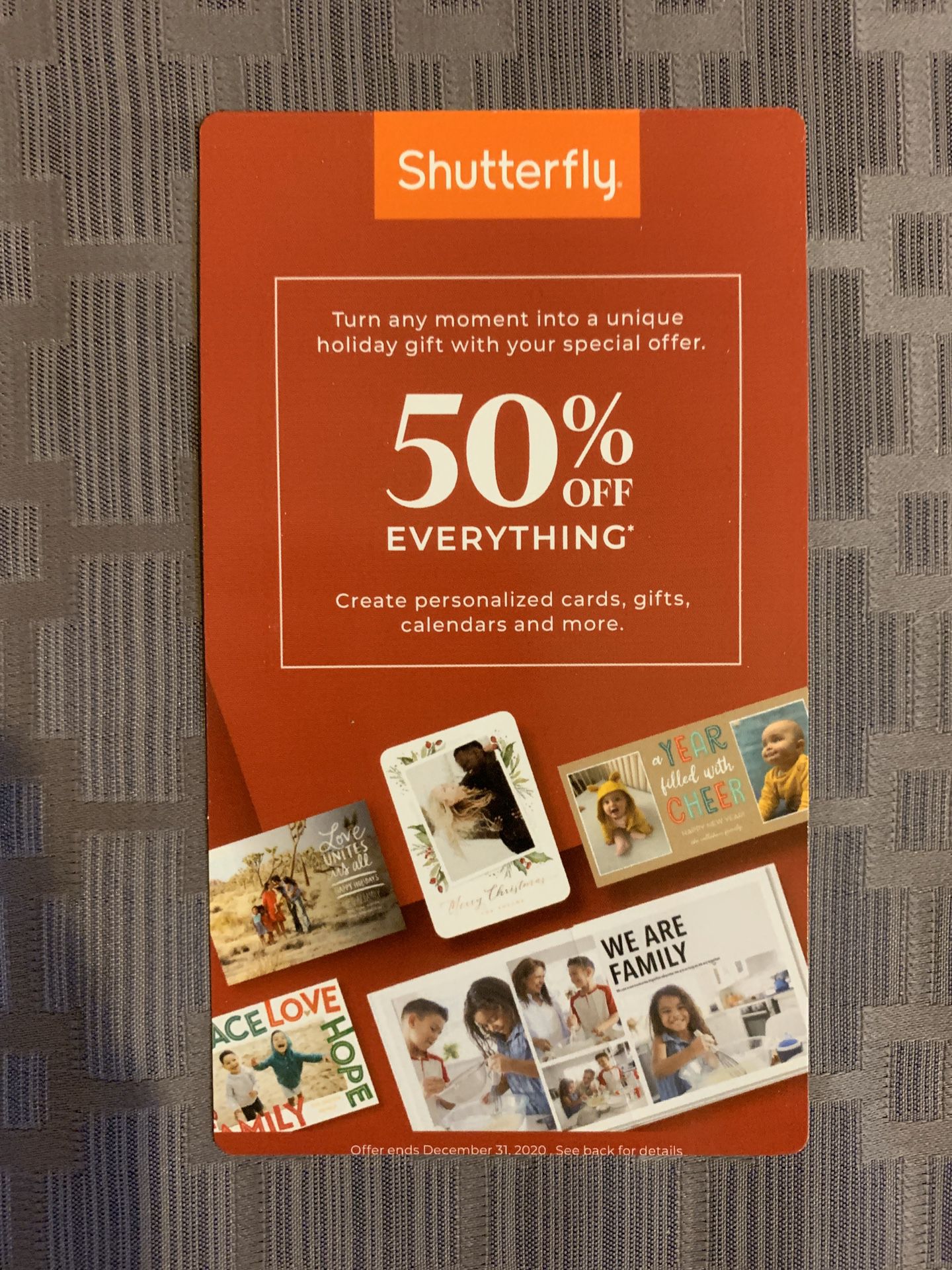 Shutterfly coupon code, 50% off everything, expires 12/31/2020