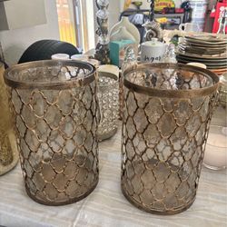 Decorative Gold Metal Lattice Hurricane Candle Holders - Set of 2