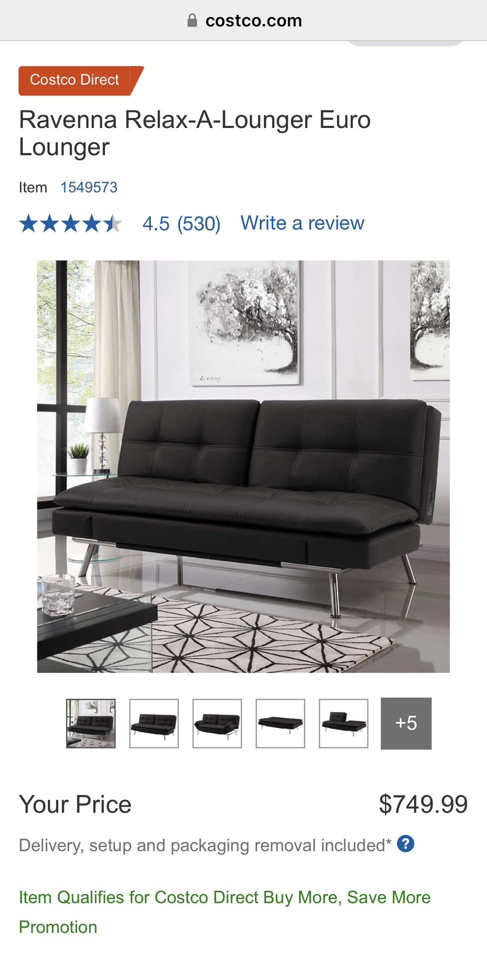 Ravenna RelaxALounger Euro Lounger. Costco Sofa Bed. Like New. for