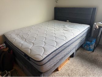 Queen Bed Frame + 10” Queen Mattress – Gray Upholstered with Storage Drawer