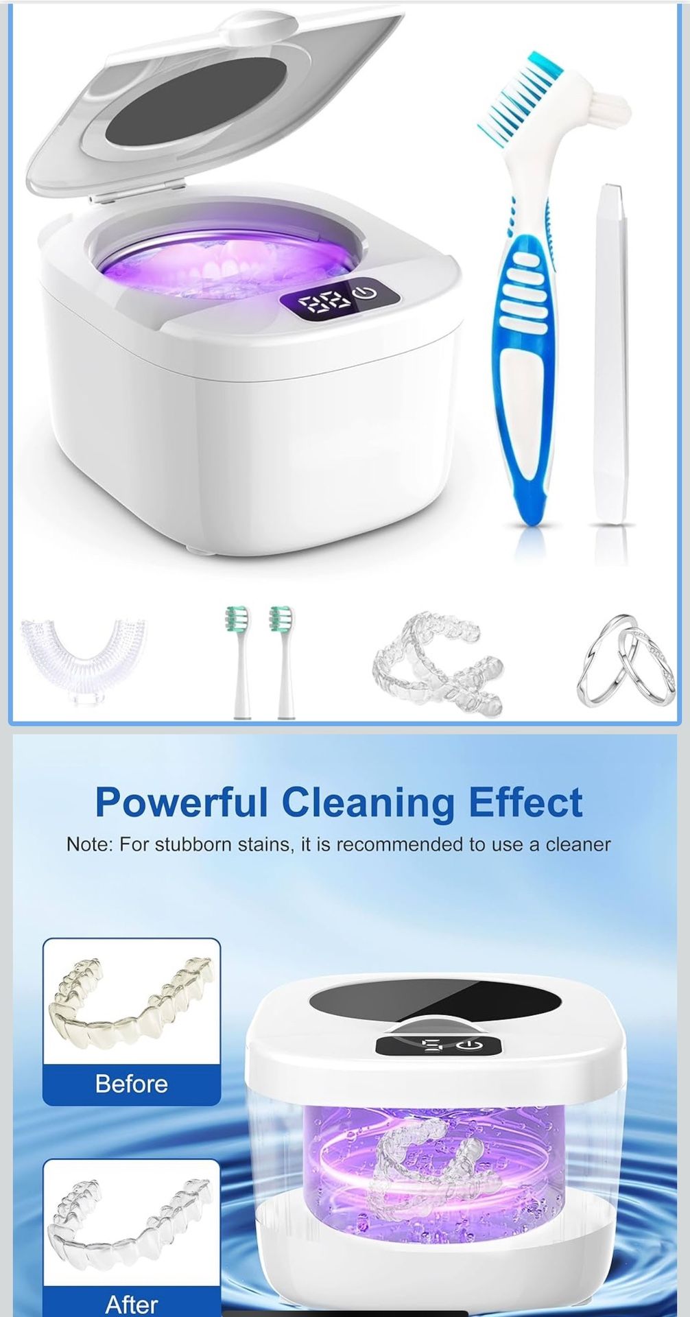 45kHz Ultrasonic Denture & Retainer Cleaner Machine - Professional Multi-Use Cleaner for Dentures, Retainers, Mouthguards, Jewelry, Small Tools | Heav