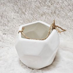 White Geometric Hanging Planter – Modern Ceramic Wall Pot w/ Jute Rope – New