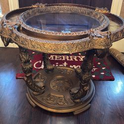 1970’s Solid Wood Gold End Table Glass Top Carved Wood 