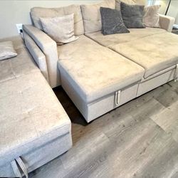 Modular Beige Sectional Sofa w/ Storage & Ottoman – Modern Couch Set