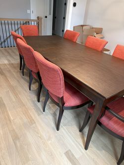 Ethan Allen Wood Dining Table With Eight Maroon Red Chairs