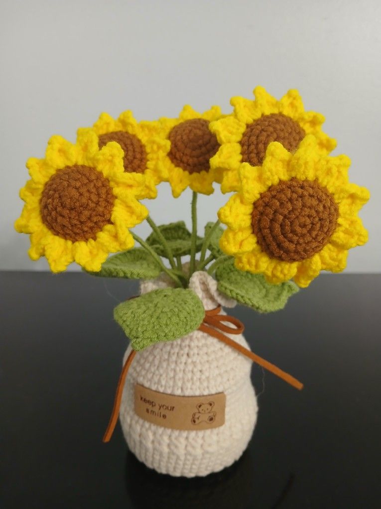 Handmade Crochet Sunflowers In Pot