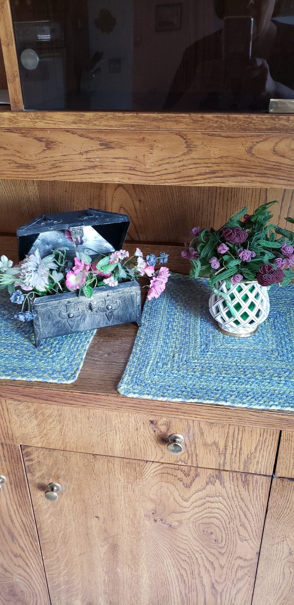 Decorative metal box with silk flowers and Collectable vase w handmade beaded flowers.