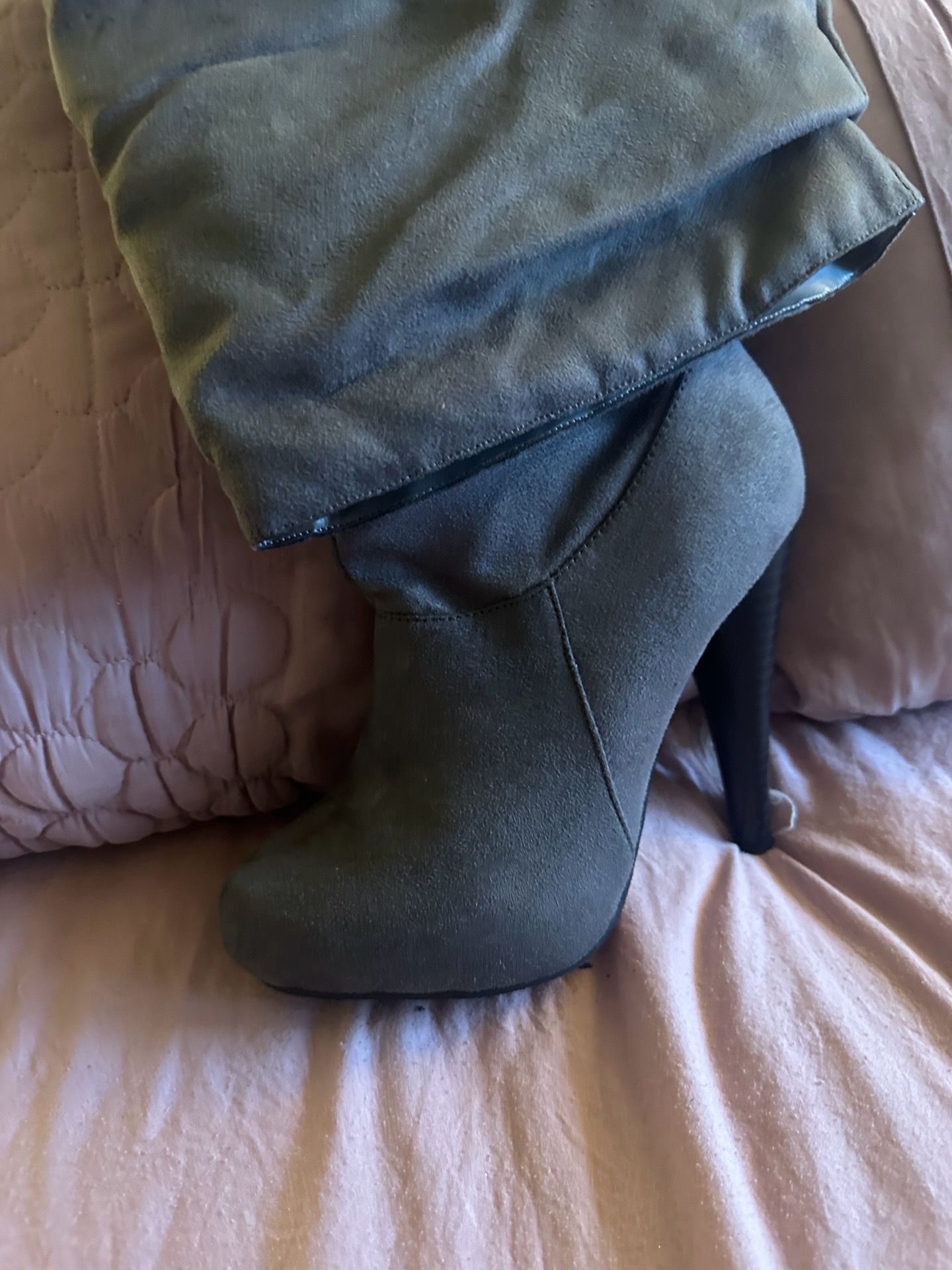 Grey Faux Suede Knee Thigh High Heel Boots