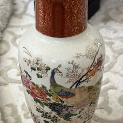 Satsuma Vintage  Japan Peacock Floral 12" Tall Vase Porcelain Gold Trim