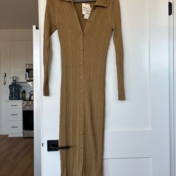 Open Edit Long Sleeve Tan Dress