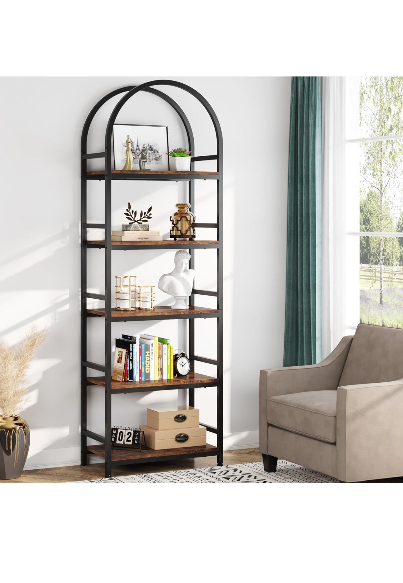 Tribesigns 5-Tier Open Bookshelf, 74.4" Wood Bookcase Storage Shelves with Metal Frame, Freestanding Display Rack Tall Shelving Unit for Office, Bedro