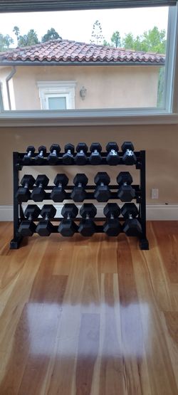 RUBBER HEX DUMBBELLS SET:
5-50lb. WITH THE RACK.